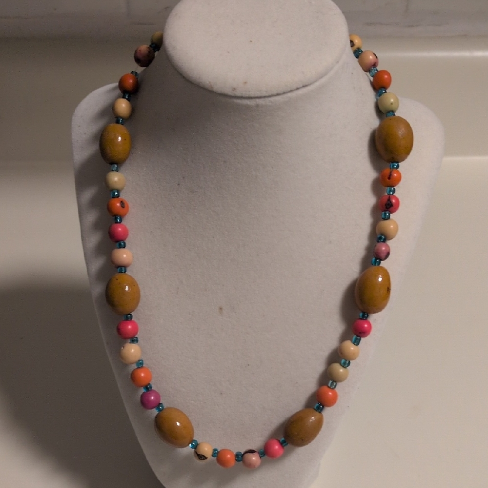 Boho Multicolor‎ Beaded Necklace – Turquoise Spacer Beads – Brown, Pink, Orange